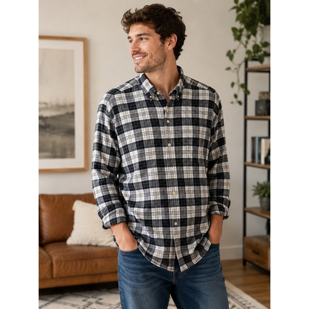 Britches Great Outdoors Mens Plaid Flannel Shirt Navy Green Cotton Large Vintage